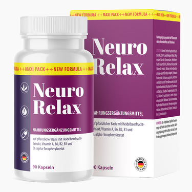Neuro Relax Kapseln, 90 Stück, Flasche mit Etikett vor passender Produktverpackung